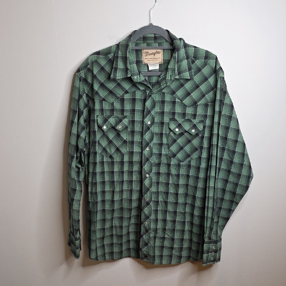 Wrangler Men's Green Checkered Pearl Snap Shirt Sz XL